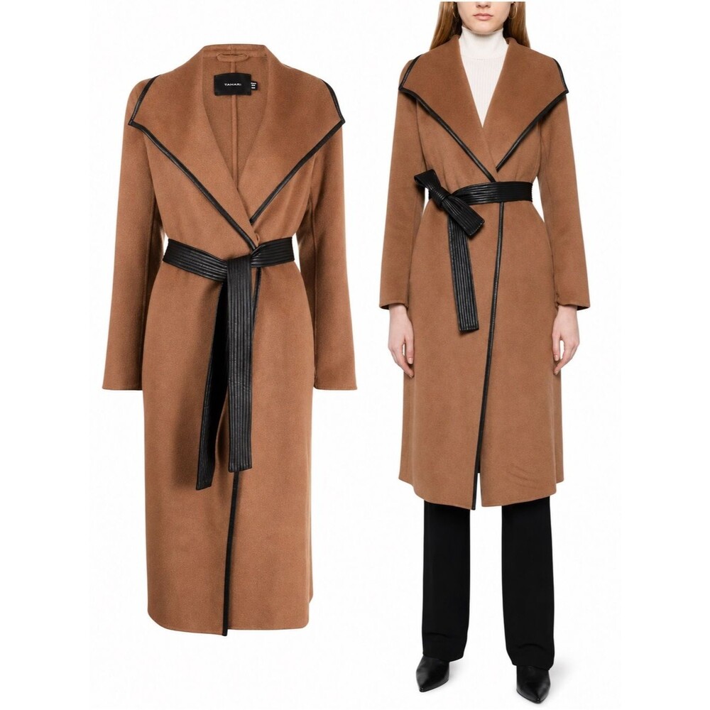 Tahari Wool Blend Faux Leather Trim Belted Coat Caramel Size Medium